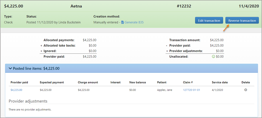 To remove a payment made with a bounced or was canceled check, click 'Reverse transaction'.